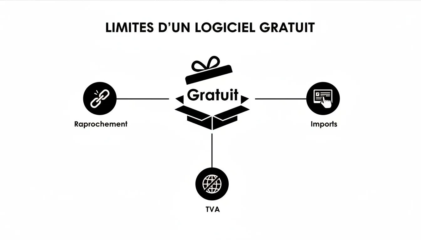 Illustration of the limitations of free software, showing reconciliation, imports, and VAT management.