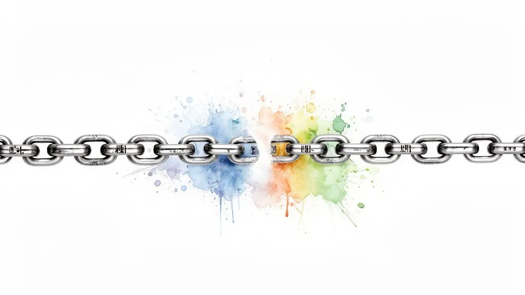 A broken metal chain with colorful watercolor splashes, symbolizing a weakness or a creative breaking point.