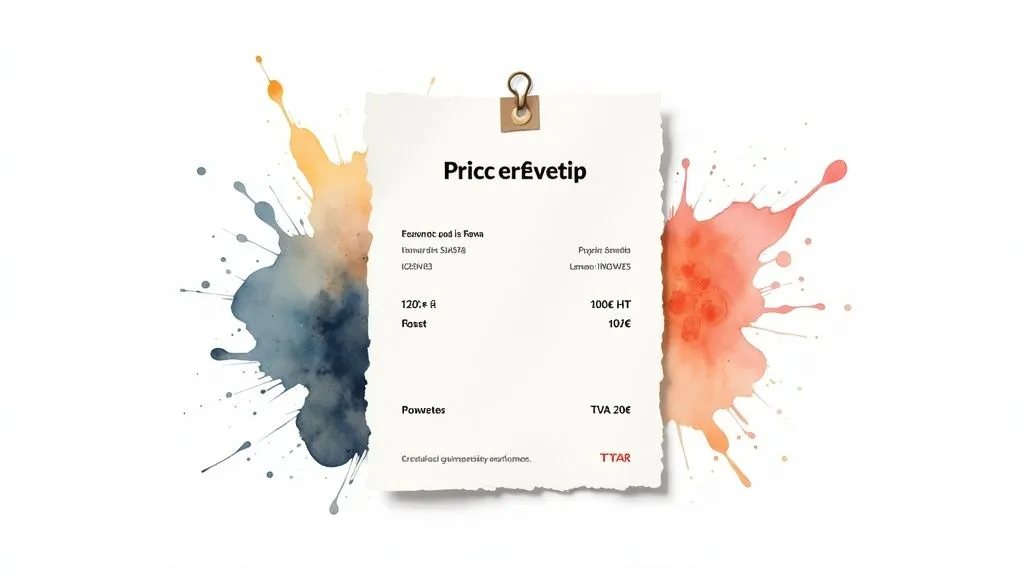 A torn sheet of paper with a paperclip, showing a receipt or price list, surrounded by bright watercolor splashes.