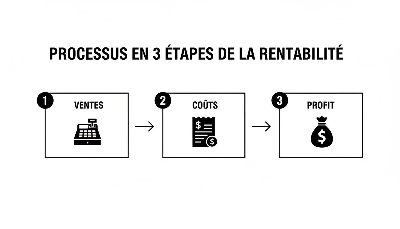 Diagram illustrating the 3-step profitability process: sales, costs and profit, with icons.