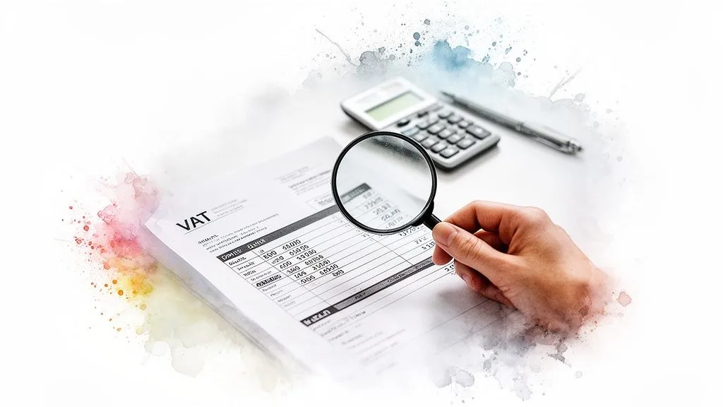 A hand holding a magnifying glass examining a VAT document with figures, a calculator, and a pen on a desk, symbolizing a financial check.