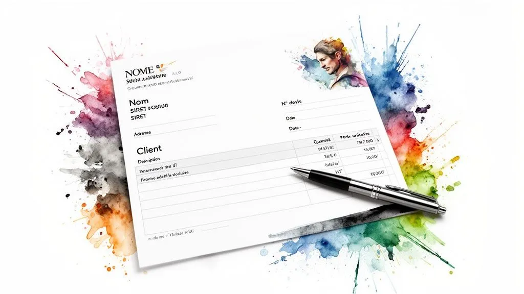 Blank quote template with a sole trader header, on a white background with watercolour splashes.