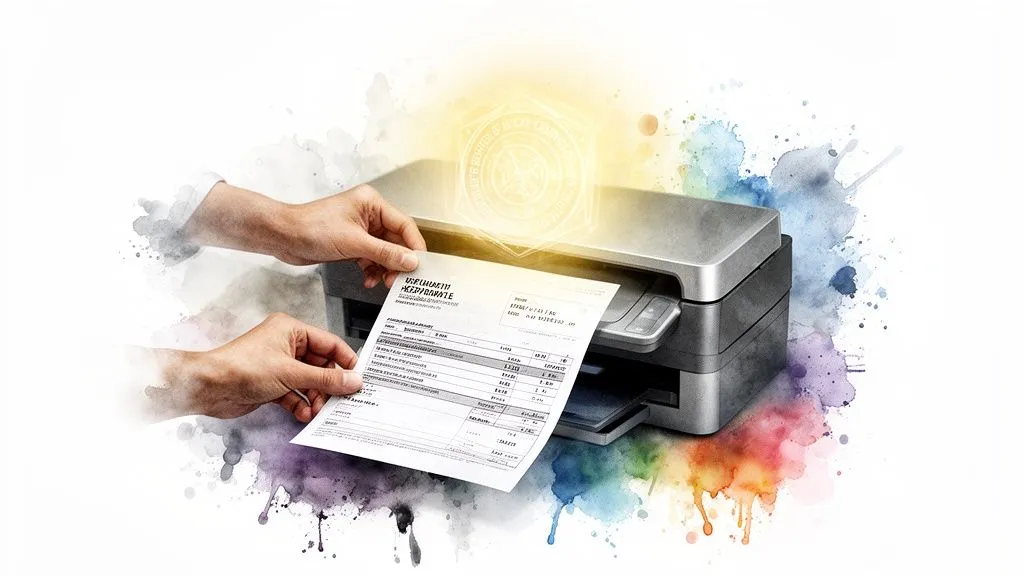 Hands inserting an invoice into a printer, with a security symbol and colorful splashes.