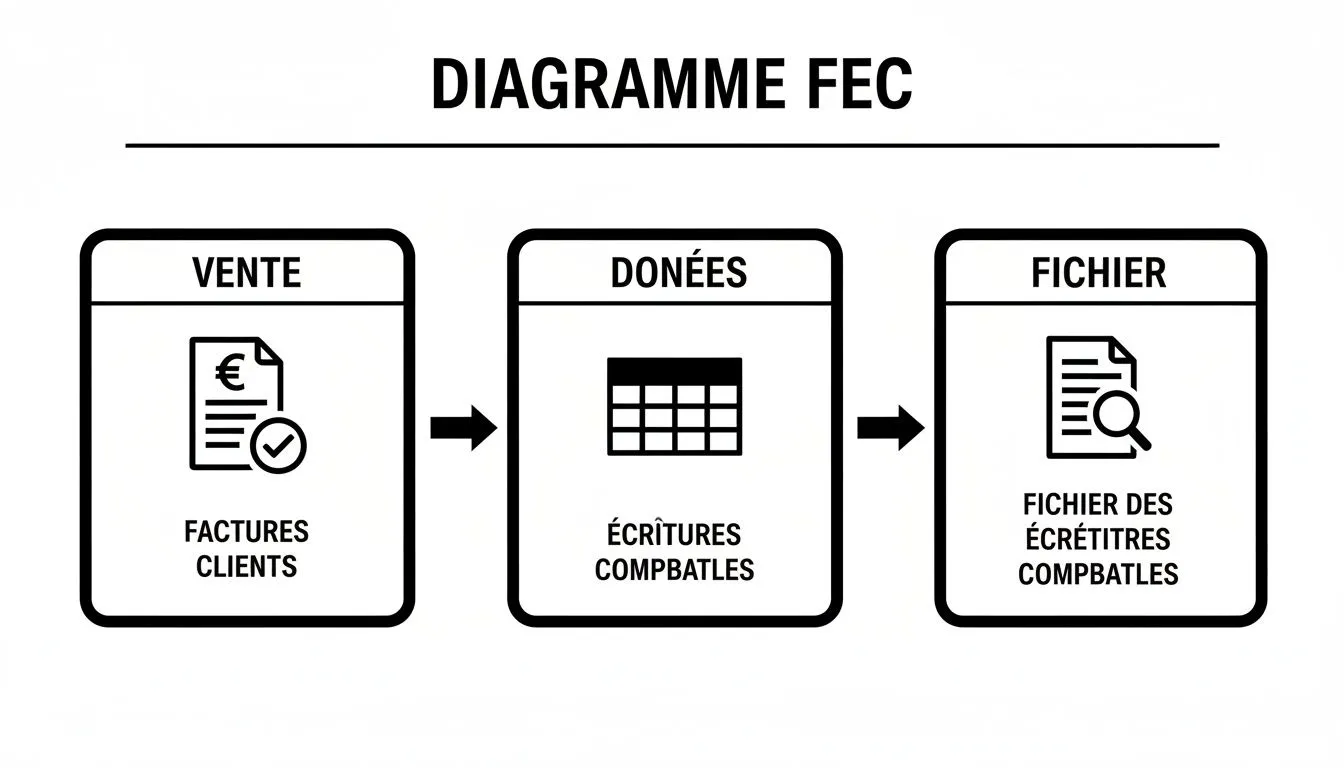 FEC diagram illustrating the flow of sales, customer invoices, accounting entries and file generation.