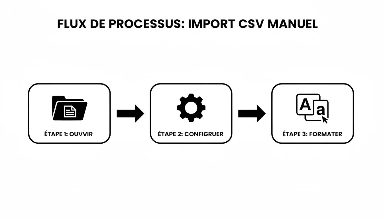 Flow diagram showing the manual CSV import process: open, configure and format.