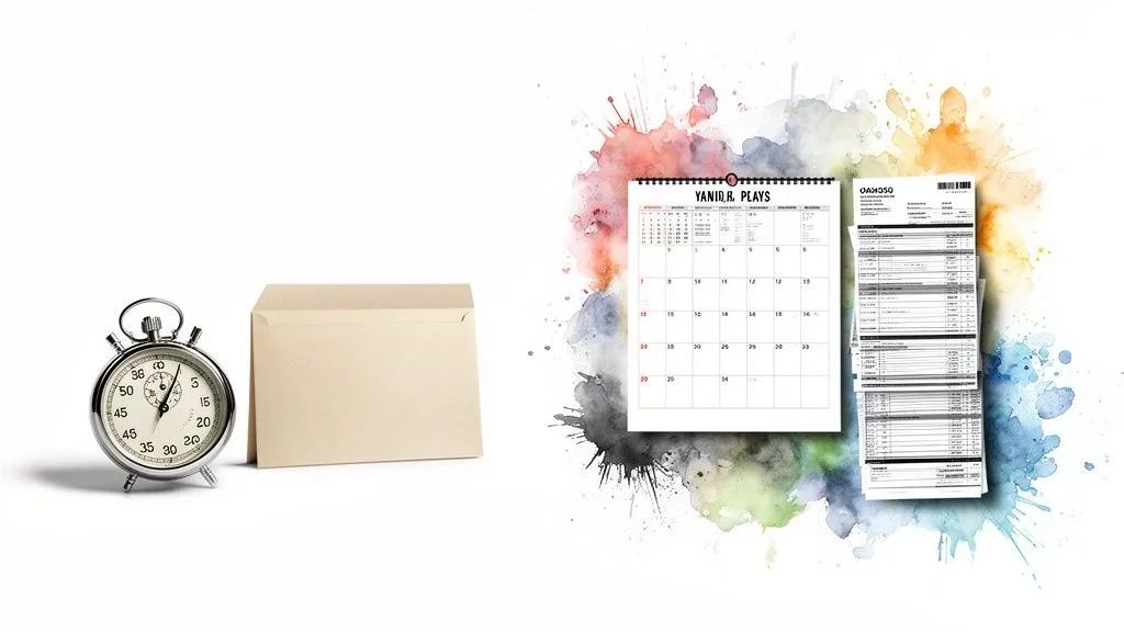 A stopwatch, an envelope, a calendar and financial documents on a white background with watercolor splashes.