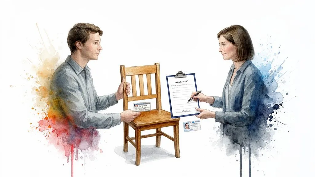 Two people carrying out a private sale transaction, with an ID card and a document to sign.