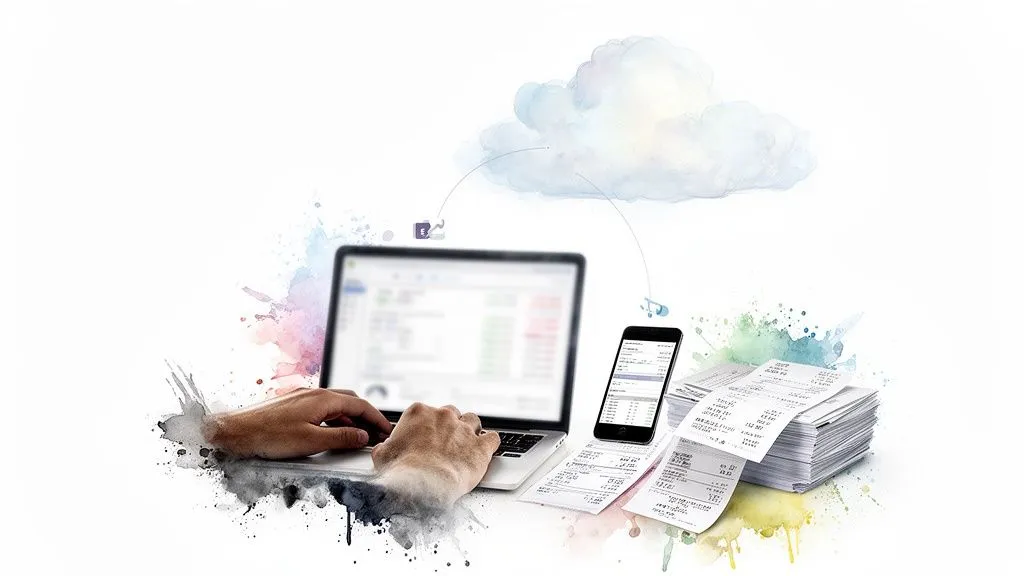 A person manages their finances with a laptop and smartphone, synced via the cloud, surrounded by receipts.
