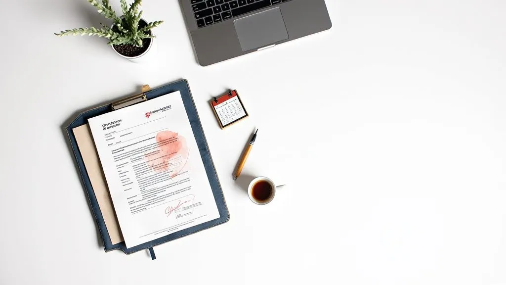 Top view of a minimalist desk with a laptop, a document, a plant, a cup of coffee and office supplies.
