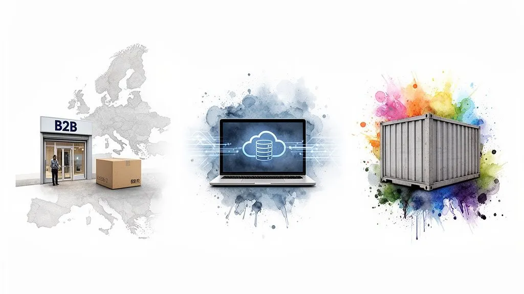 B2B store in Europe, laptop with a data cloud, and a colorful shipping container.