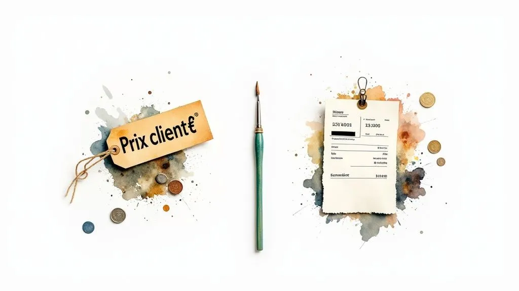 A "Client price€" price tag, a brush, an invoice and coins on a white background with watercolor splashes.