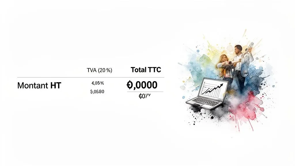 Financial table showing the net amount, VAT and gross total, alongside a creative business illustration.