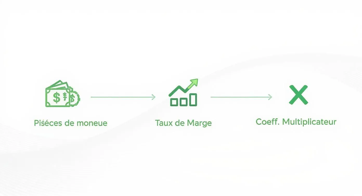 Infographic illustrating the calculation of gross margin, margin rate, and the multiplier coefficient