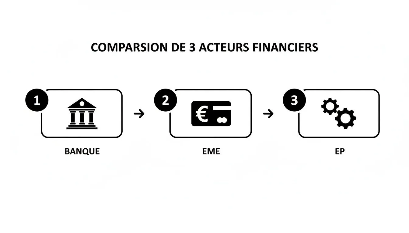 Comparative diagram of the three types of financial players: Banks, Electronic Money Institutions (EMIs), and Payment Institutions (PIs).