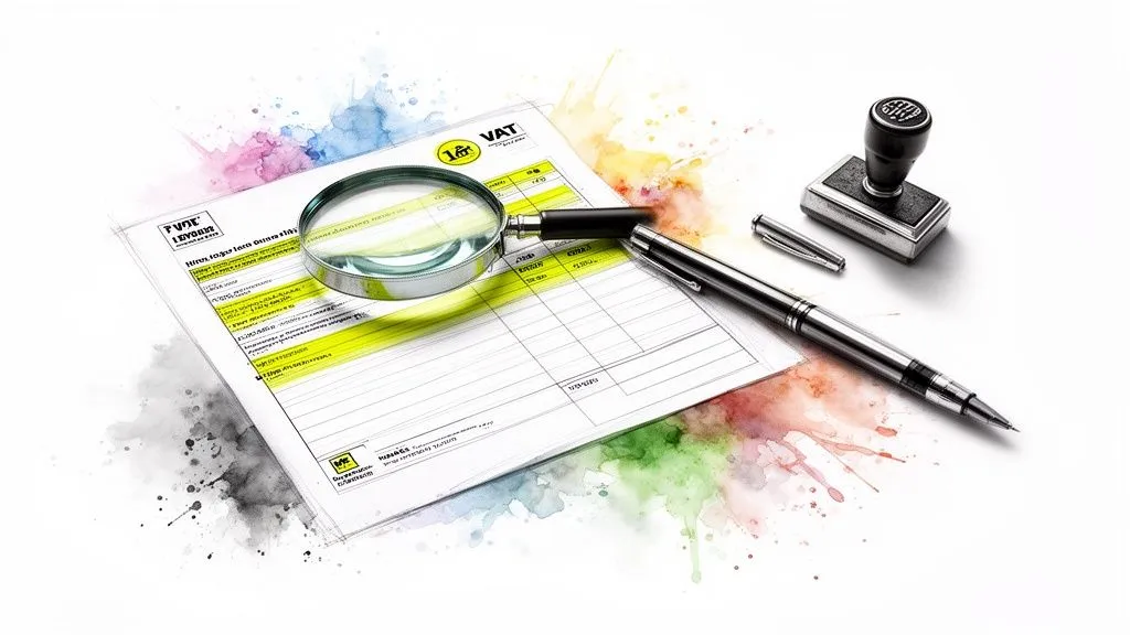 A magnifying glass, a pen, a stamp and a financial document on a colorful watercolor background.