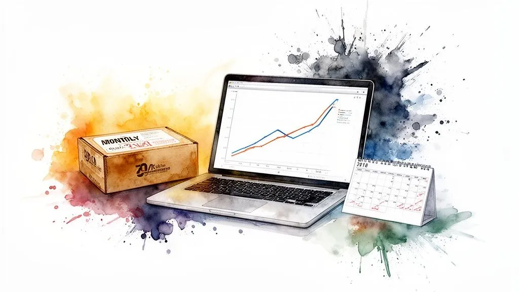 Laptop displaying a financial growth chart, with a box and a 2018 calendar, watercolor style.