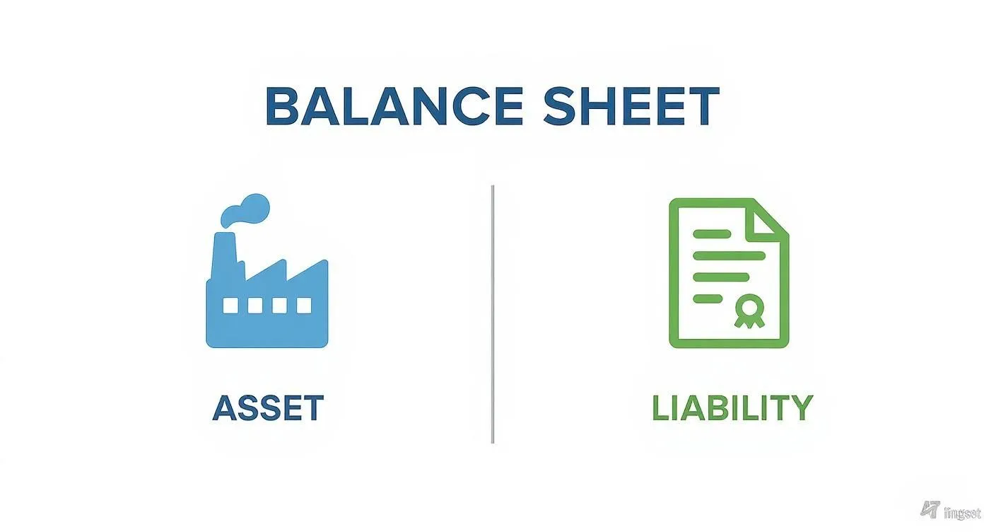 A conceptual balance sheet illustration showing assets (blue factory icon) and liabilities (green document icon).