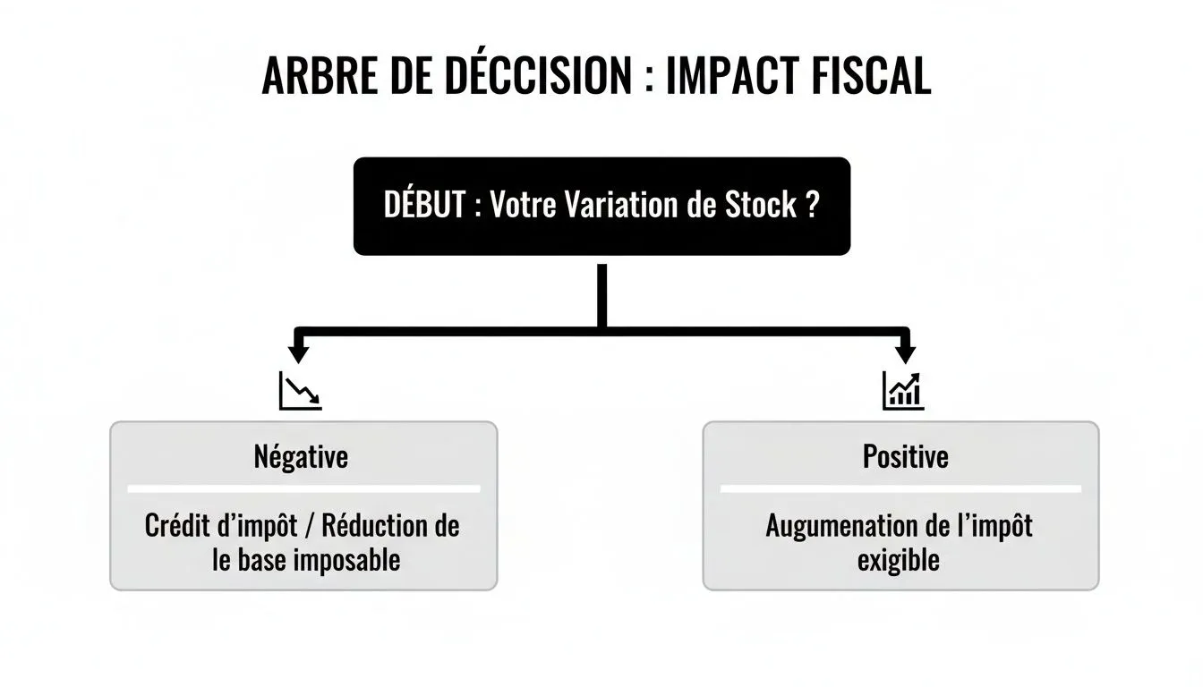 Decision tree explaining the tax impact of a stock variation, whether negative or positive.