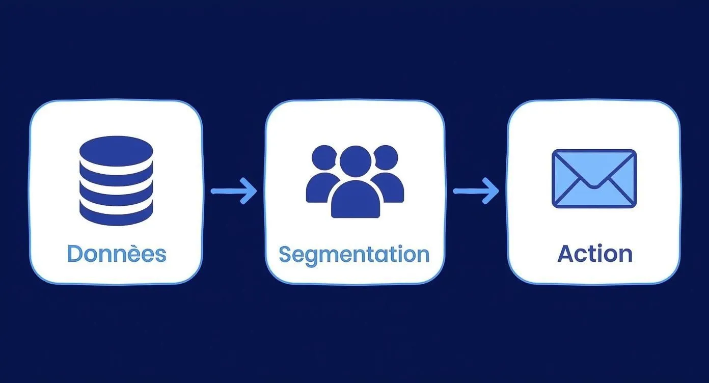 Infographic illustrating the 3-step customer follow-up process: Data, Segmentation, Action