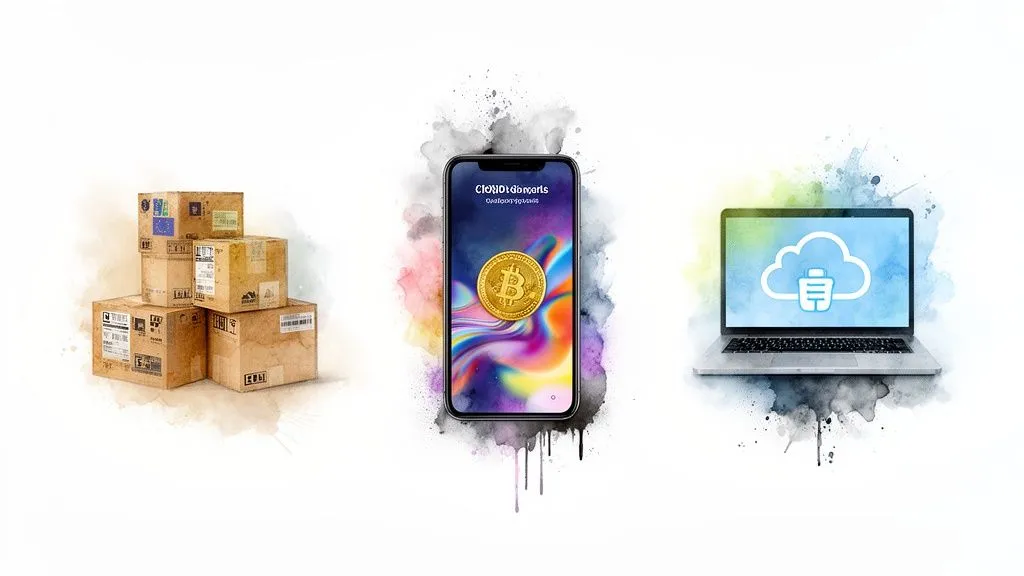 A stack of parcels, a smartphone displaying a Bitcoin symbol, and a laptop with a cloud icon on a white background.