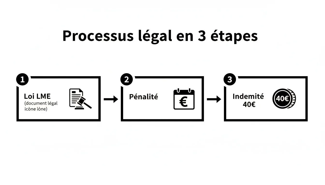 Diagram illustrating the 3-step legal process: LME law, financial penalty, and €40 compensation.