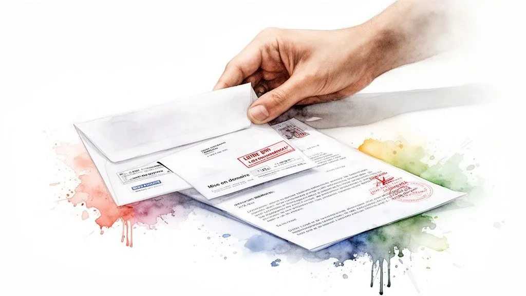 Hand placing a letter on documents with watercolor splashes, indicating a formal notice or reminder.