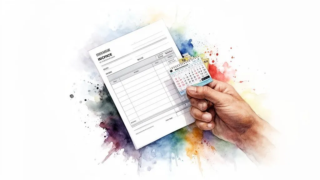 A hand holds a small calendar above an invoice form, against a colorful watercolor background.