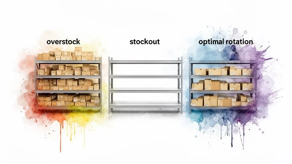 Graphic representation of inventory management showing overstock, stockouts, and optimal product turnover.