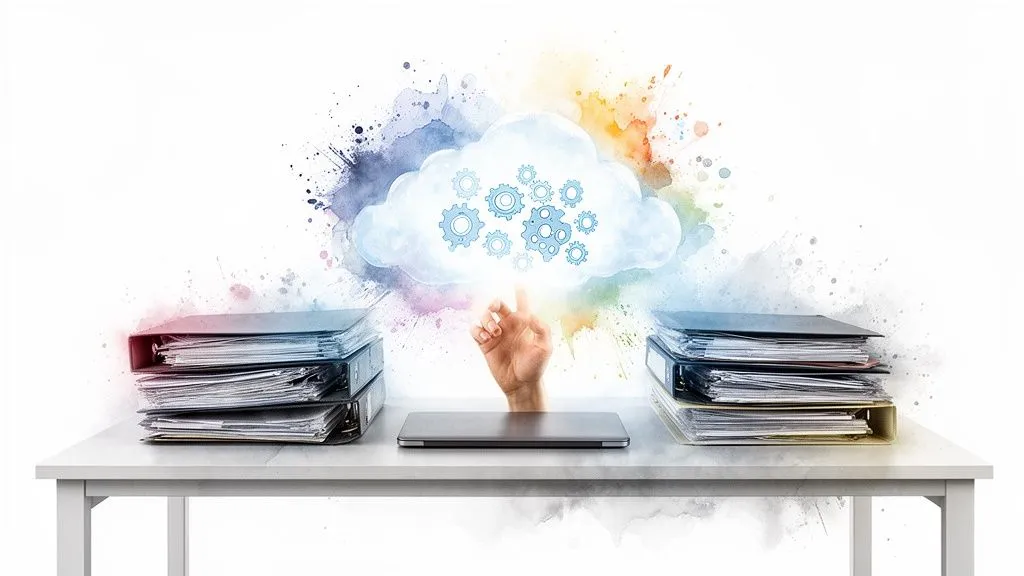 A hand interacts with a digital cloud of gears, between paper files and a computer, representing the transition to the cloud.