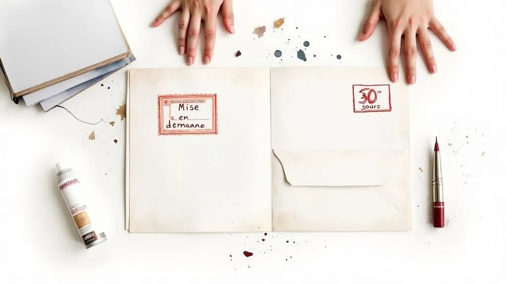 Aerial view of a desk where hands handle documents marked "Formal notice" and "30 days," with ink splashes.