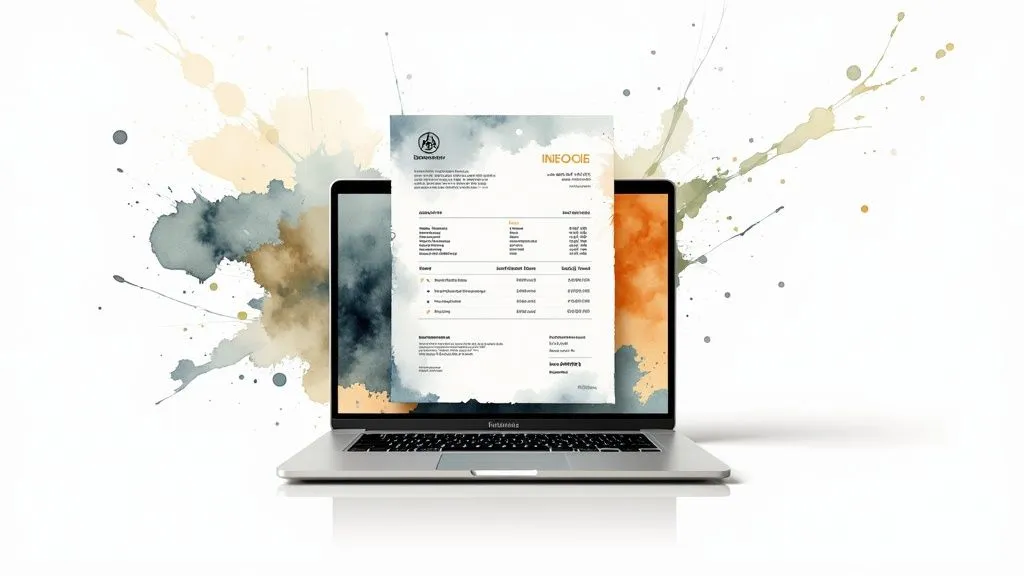 A laptop displays a blank invoice document with artistic watercolor splashes in the background.