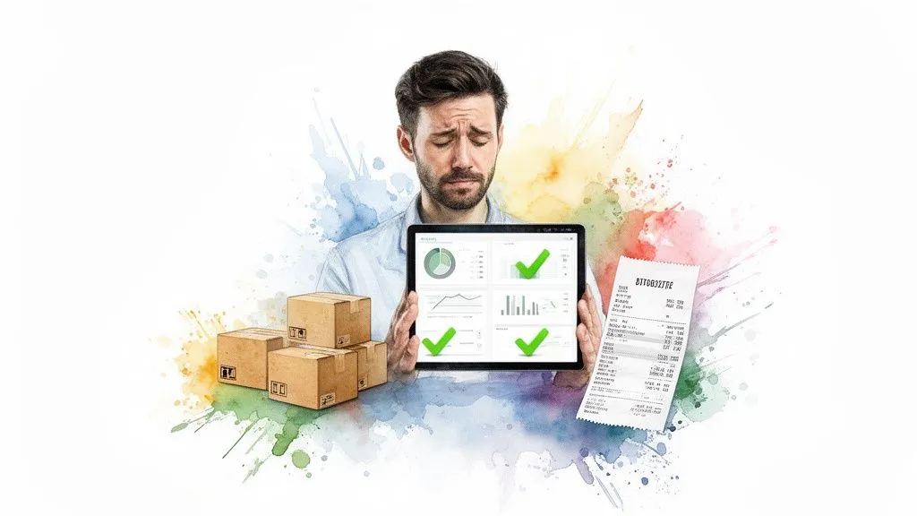 Worried man holding a tablet with analytics, surrounded by packages and a receipt.