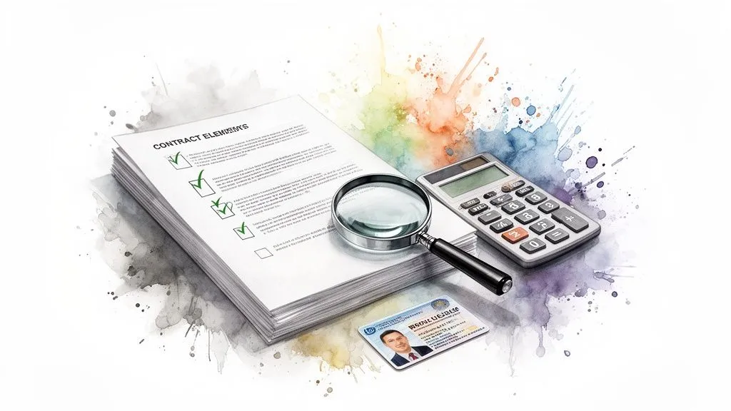 Contract documents, magnifying glass, calculator and ID card on a white background with watercolor splashes.
