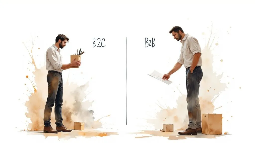 A man with a B2C box, another with a B2B document, illustrating business models.