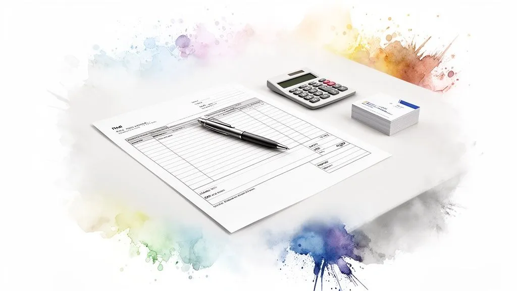 Blank invoice, pen, calculator, and business cards on a white background with watercolor splashes.