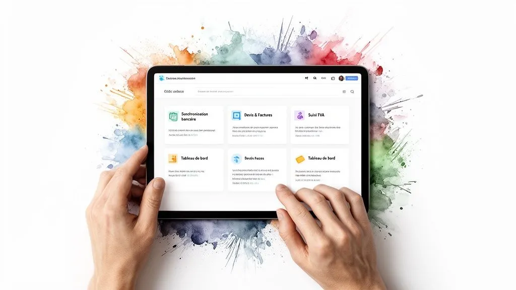 Hands holding a tablet displaying financial management software with bank synchronisation, quotes and VAT tracking.