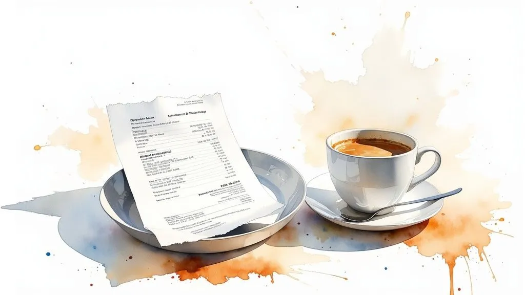 Business meal receipt placed on a restaurant table, ready to be added to an expense report.