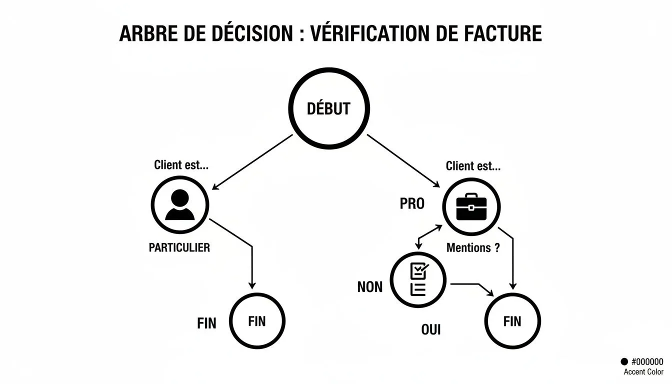 Decision tree for invoice verification, distinguishing between individual and professional clients, with a mentions-check step.