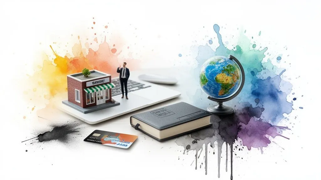 Storefront miniature, businessman, laptop, globe and bank card on a colorful splash background, symbolizing global commerce and financial management.