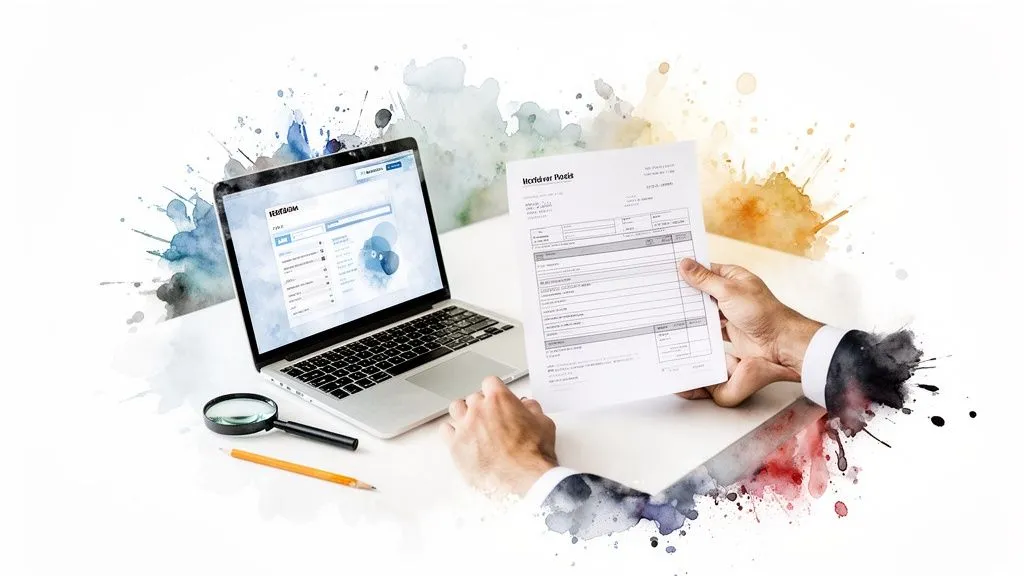 Hand holding a document and working on a laptop with a magnifying glass and pencil, watercolor background.