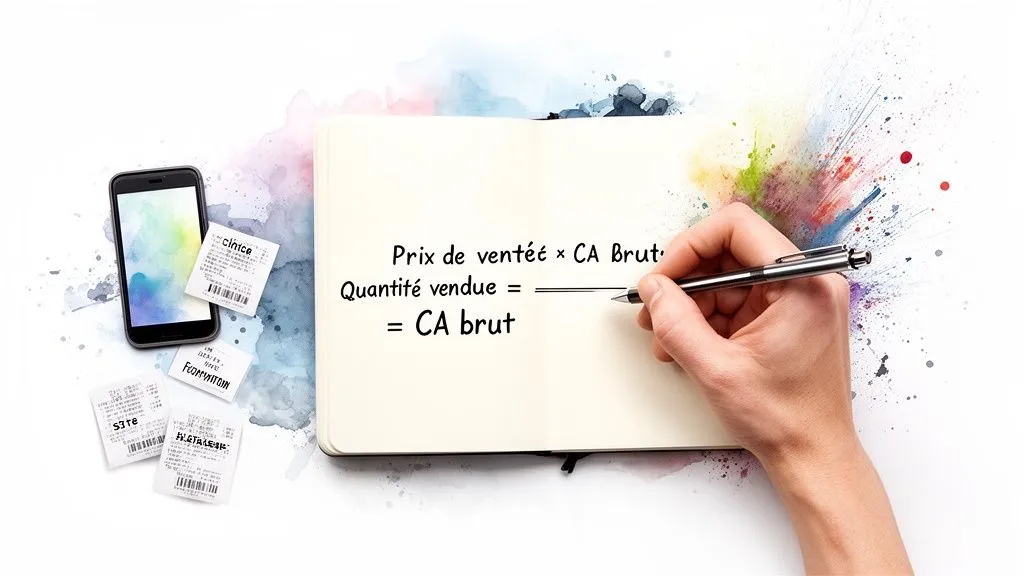 A hand writes a gross revenue calculation formula in a notebook, surrounded by a smartphone and receipts.