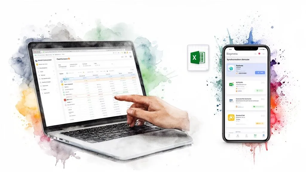 A laptop and a smartphone displaying financial management applications, with the Excel icon.
