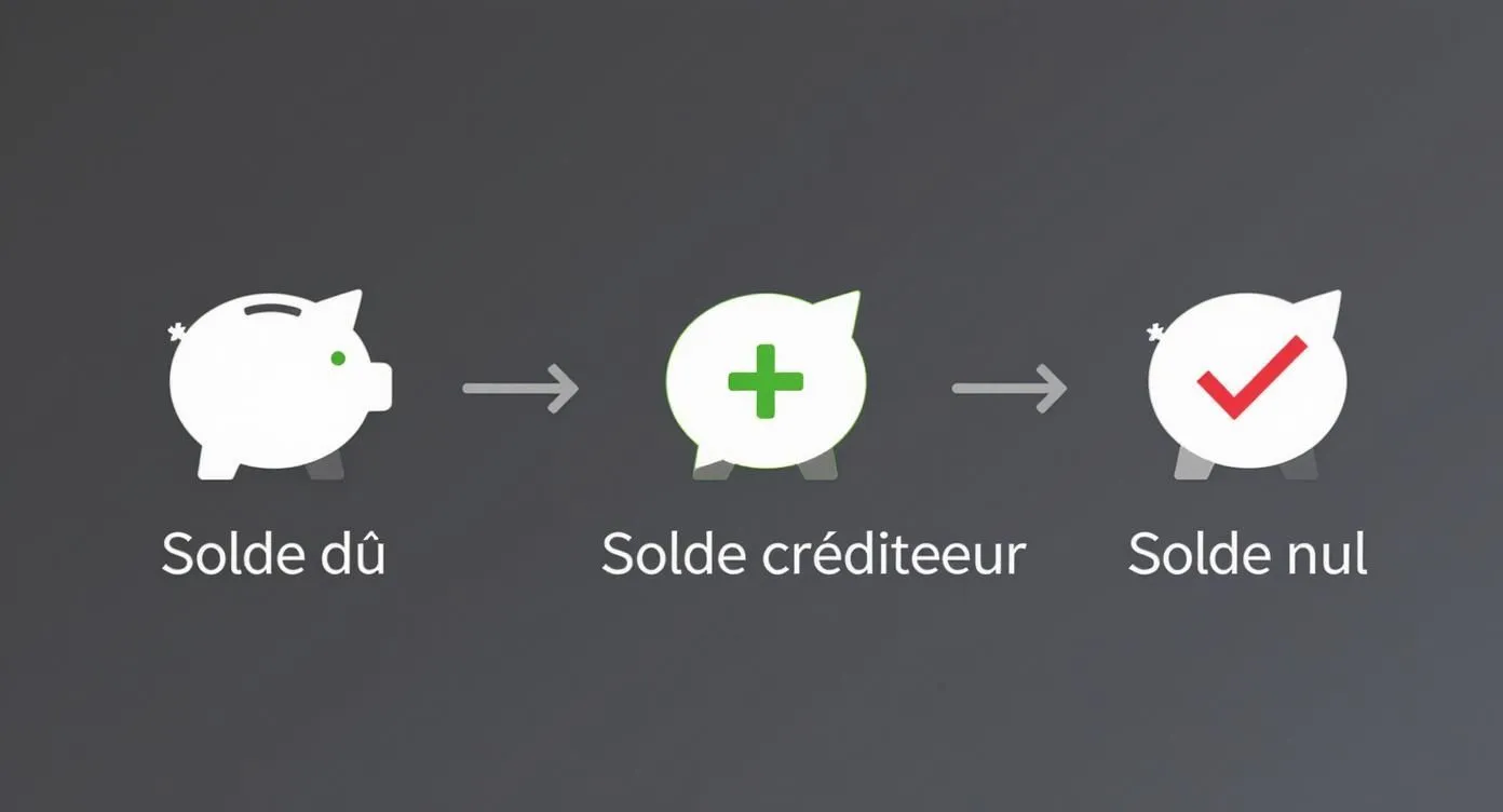 Illustration showing the evolution of a balance: from balance due (piggy bank) to credit balance (+) and finally zero balance (checkmark).