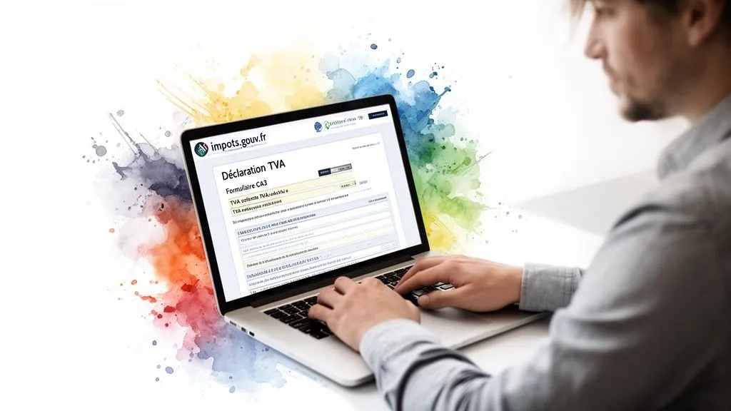 Person filling out an online VAT return on the impots.gouv.fr website using a laptop.
