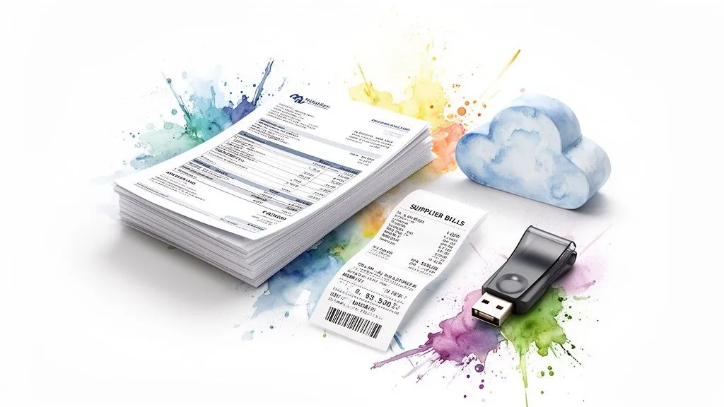 Conceptual image of accounting documents, a cloud and a USB key representing digital management.
