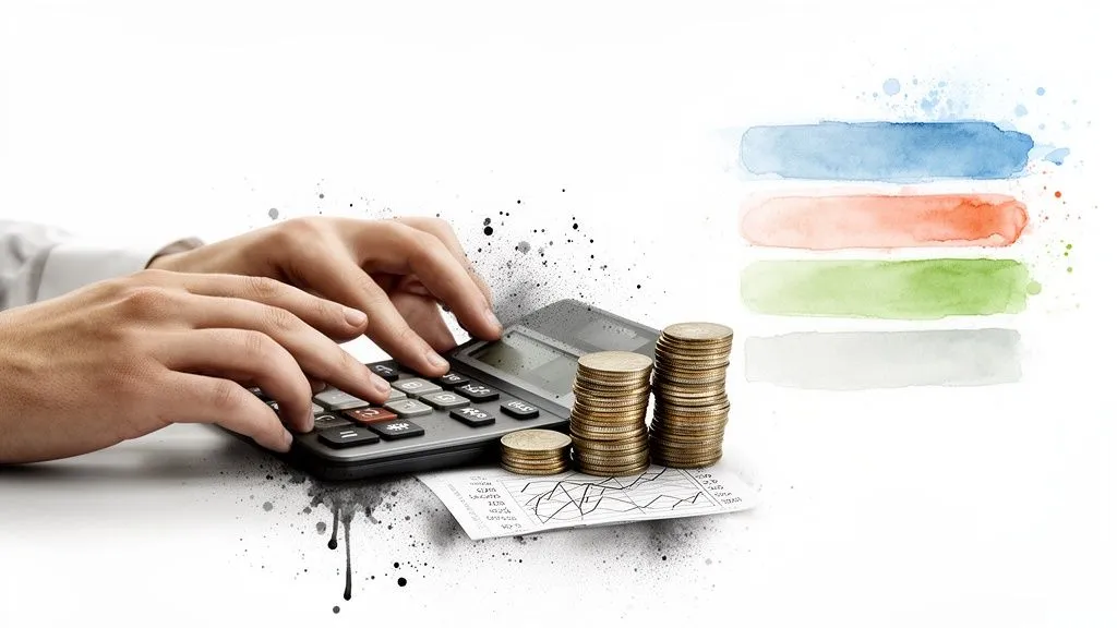 Hands typing on a calculator next to stacks of coins, a chart and colored bands for financial analysis.