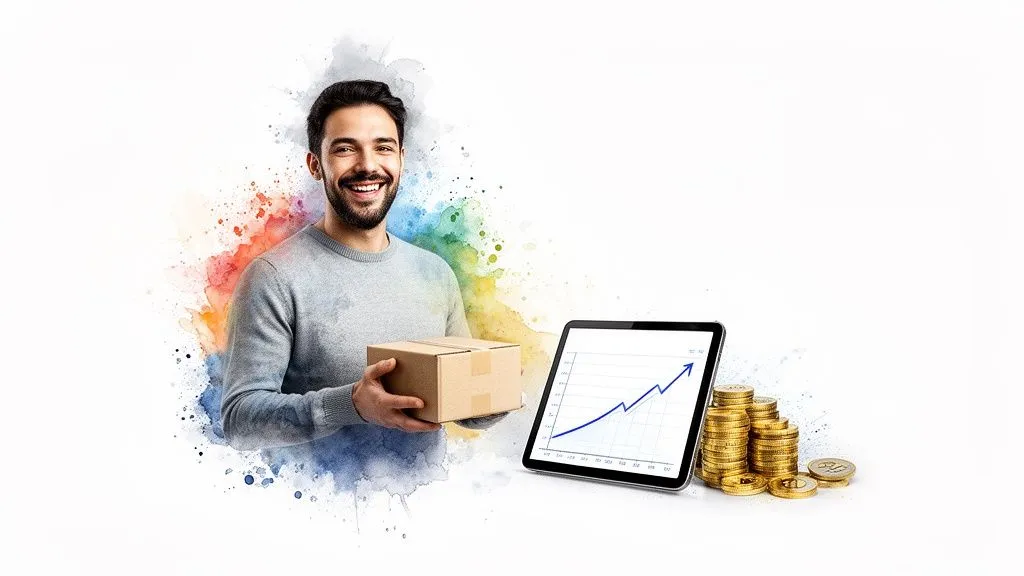 Smiling man with a package, a tablet showing a growth chart, and stacks of gold coins.