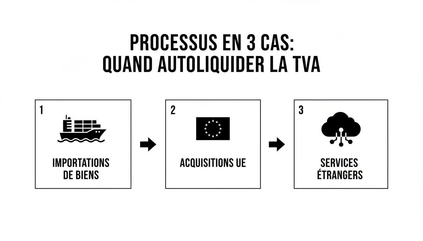 Infographic explaining the three cases where VAT must be reverse-charged: imports, EU acquisitions and foreign services.
