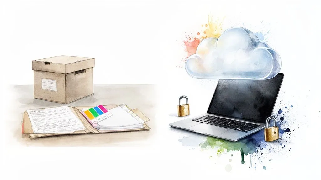 Comparison of physical document retention (archive box, folders) and secure digital cloud storage (laptop, padlock).