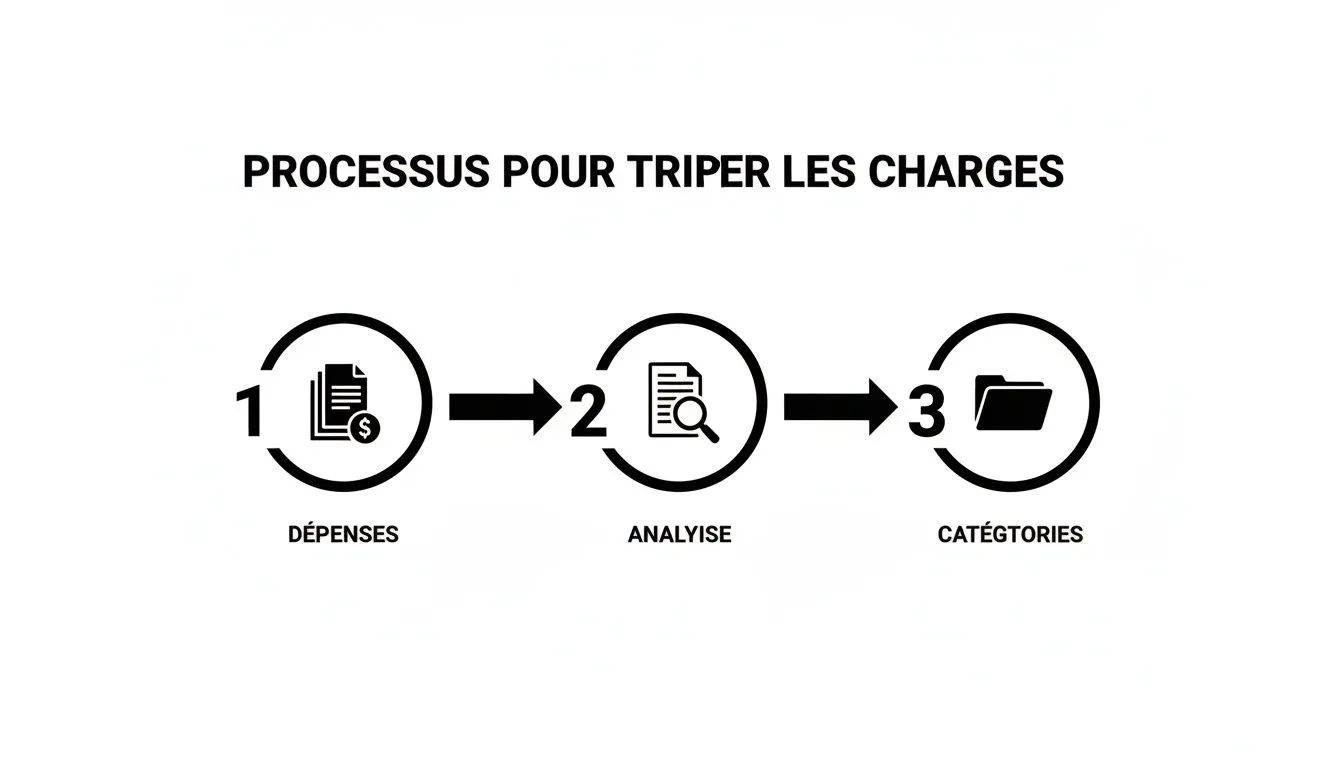 Diagram showing the three-step process for sorting costs: expenses, analysis, and cost categorization.